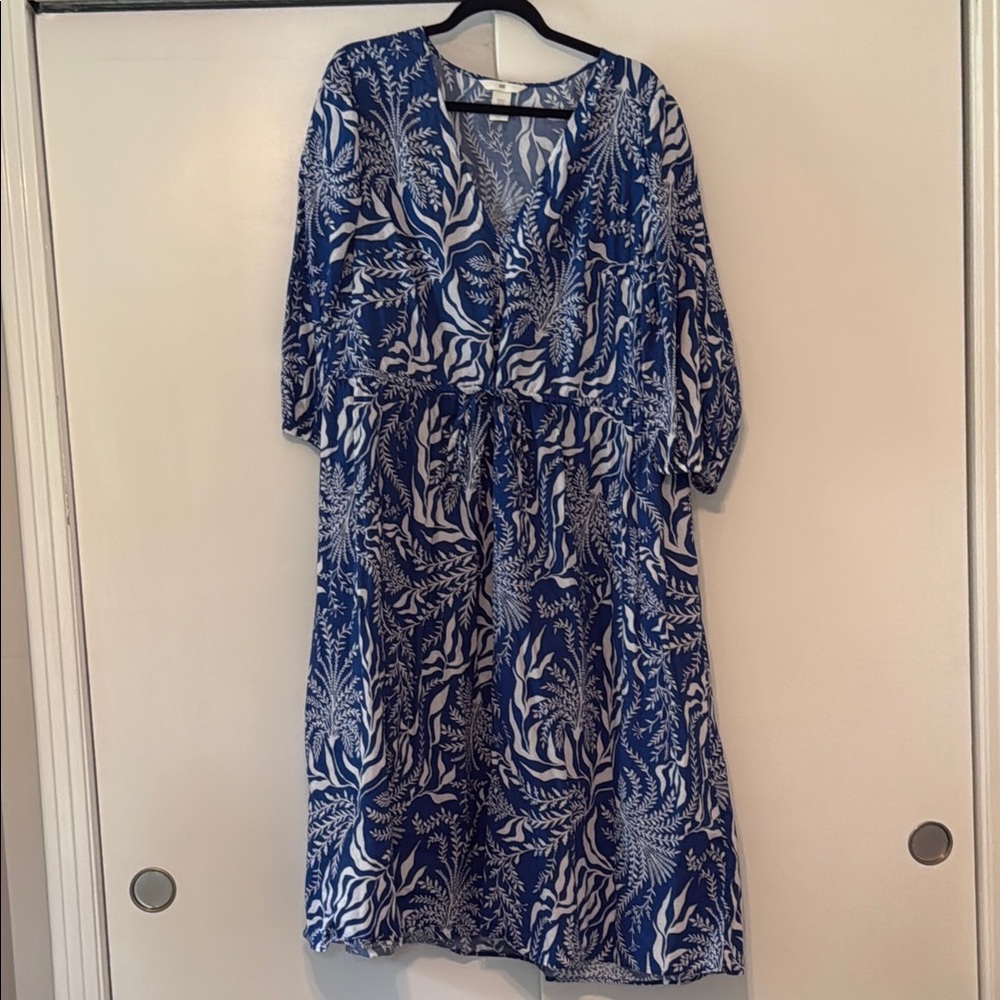 H&M Blue and White V-Neck Sundress with Bishop Sleeves
